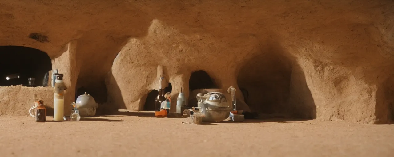 Prompt: Film still of the cantina in Star Wars, empty, stone walls, cave like, tatooine, Cinestill colour cinematography, anamorphic, year 3000, cat drinking milk