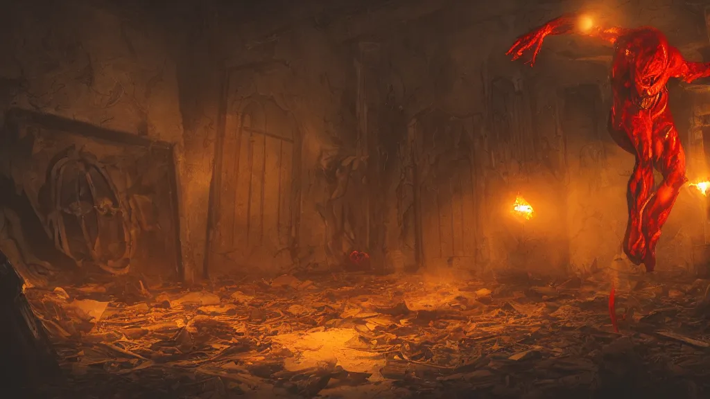 Image similar to the red goblin get killed by a sigil scribbled on the ground, inside a haunted destroyed house, the sigil is shining yellow light, trending on artstation, wide view, cinematic view, cinematic, 8 k, digital photo, unreal engine, colored paint, colorful paint, scary style