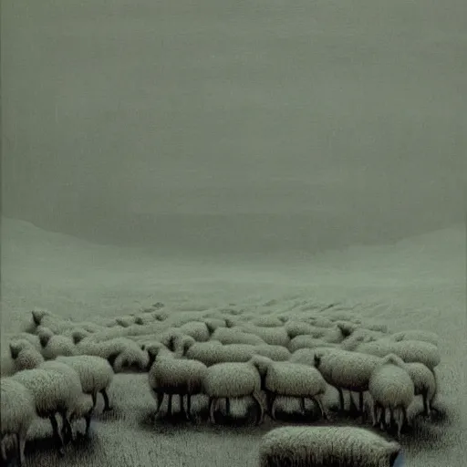 Image similar to dead sheeps in a farm nuclear winter by zdzisław beksinski