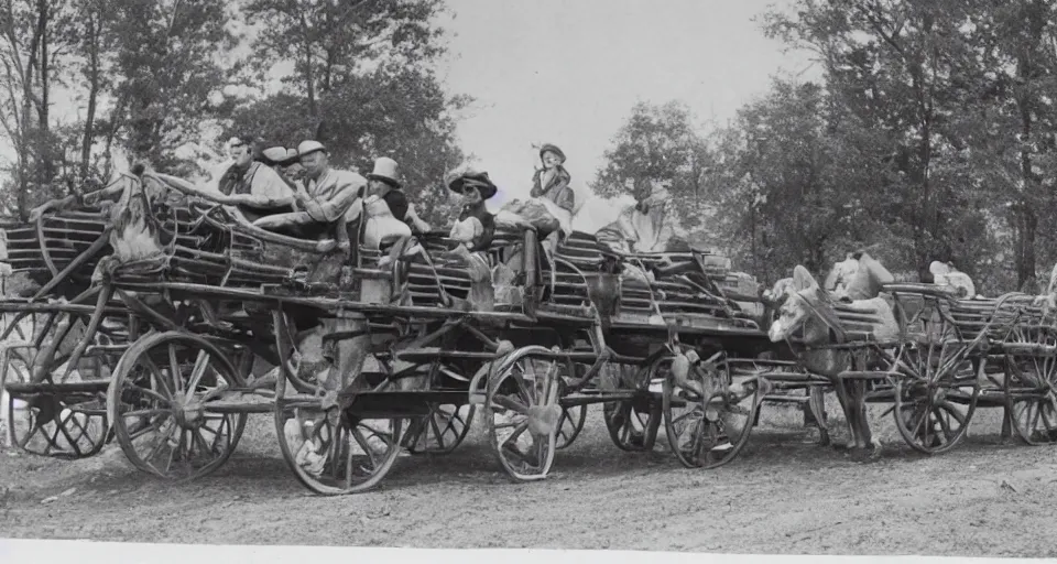 Image similar to a vintage photo of a wagon train pulled by dinosaurs