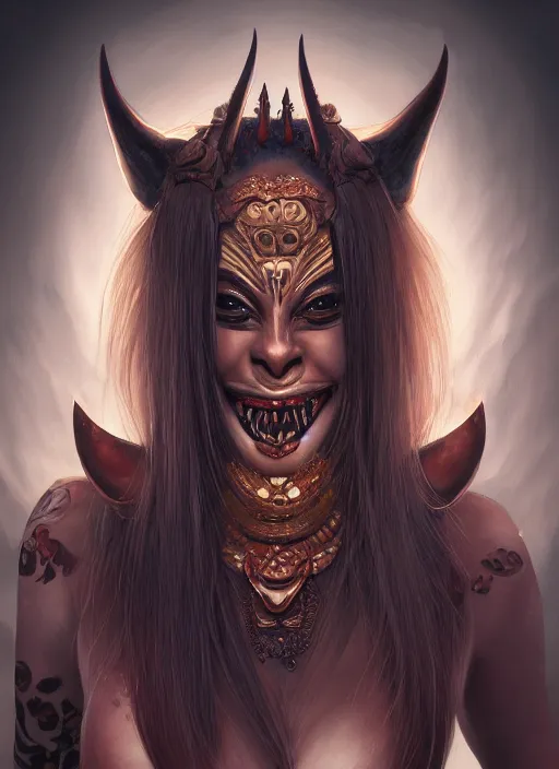 Image similar to a beautiful detailed oil on copper art illustration of a japanese kokushikijo mask devil woman, centered, by charlie bowater, zeng fanzh, trending on artstation, dim dusk lighting, cinematic lighting, detailed lighting, volumetric lighting, realistic, f 8, 4 k hd wallpaper