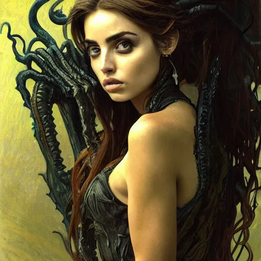 Image similar to half length portrait of ana de armas as a warlock using cthulhu eldritch magic, d & d, medieval, fantasy, giger, royo, klimt, miro, vallejo, frazetta, alphonse mucha, greg rutkowski, whealan