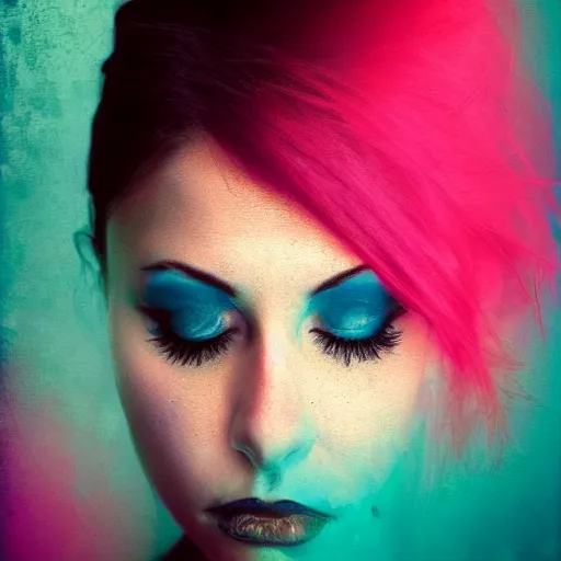 Prompt: a photo of a beautiful woman. moody and melanchony. with a bit of cyan and pink.