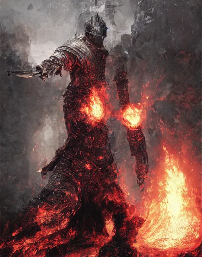 Image similar to folk horror illustration of the soul of cinder (a warrior in heavy iron armor that burns with eternal flame), dark souls 3 artwork, art by greg rutkowski, art by craig mullins, art by Masanori Warugai, art by Yoshitaka Amano