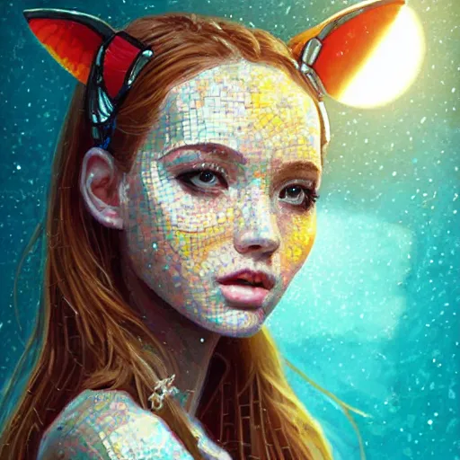 Image similar to mosaic portrait of a beautiful young girl with robot ears falling into the sun by Ross Tran, 4k, intricate details