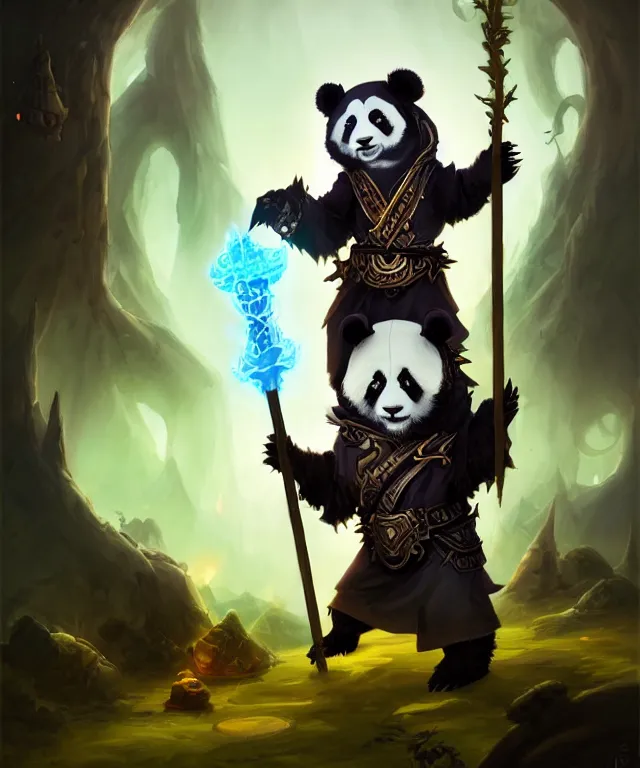 Image similar to a portrait an anthropomorphic panda warlock holding a staff, wearing warlock robes with spiked shoulders, landscape in background, dnd character art portrait, world of warcraft style, by peter mohrbacher, cinematic lighting