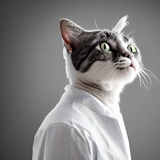 Image similar to a cat staring forward in concern wearing a lab coat