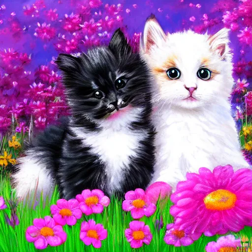 Prompt: cute fluffy animal friends puppy and kitten together in field of flowers detailed painting 4k