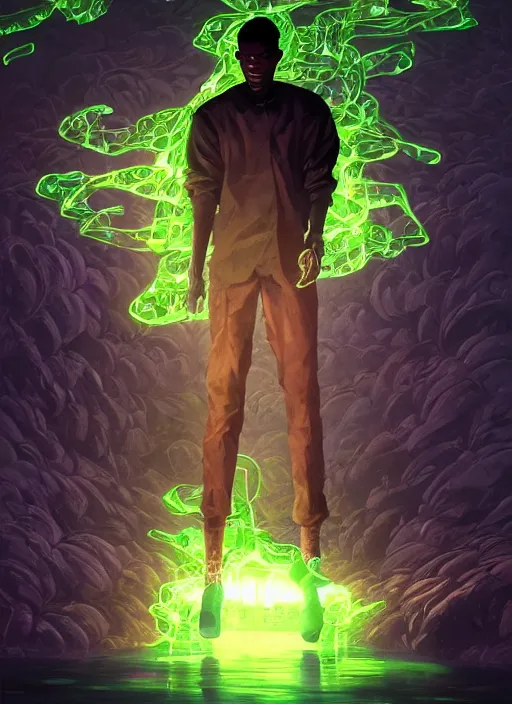 Image similar to detailed digital painting of young black man surrounded by floating green text and complex algorithms, cinematic dramatic pose by artstation, fanart behance hd by jesper ejsing, by rhads, makoto shinkai and lois van baarle, ilya kuvshinov, rossdraws, enter the matrix, global illumination, radiant light, detailed and intricate environment