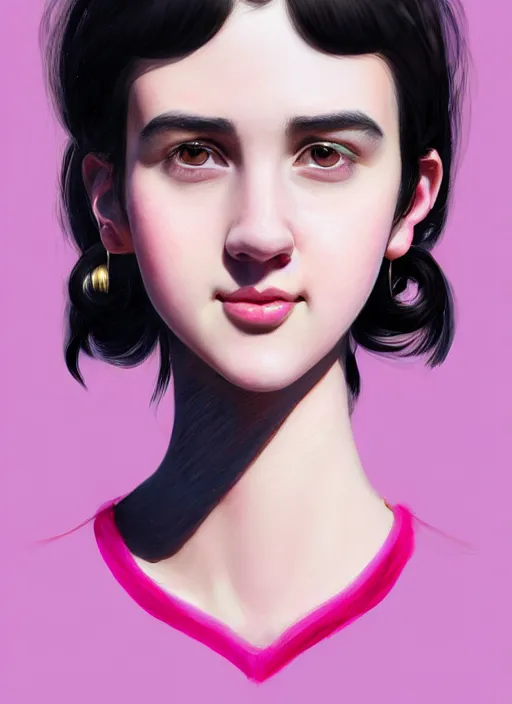 Image similar to portrait of high school girl, realistic, black hair, bangs, half updo hairstyle, pointy nose, skinny, smile, ugly, defined jawline, big chin, pink hair bow, earrings, intricate, elegant, glowing lights, highly detailed, digital painting, artstation, sharp focus, illustration, art by wlop, mars ravelo and greg rutkowski