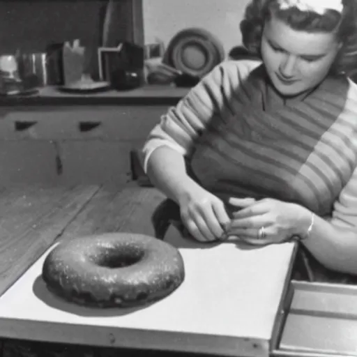 Image similar to an early 1950s photo of someone on a computer making a donut in blender