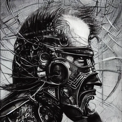 Image similar to Yoshitaka Amano realistic illustration of joe biden ,hair fluttering in the wind, cracks on his face wearing Elden ring armour with engraving, abstract black and white patterns on the background, noisy film grain effect, highly detailed, Renaissance oil painting, weird portrait angle, blurred lost edges, three quarter view