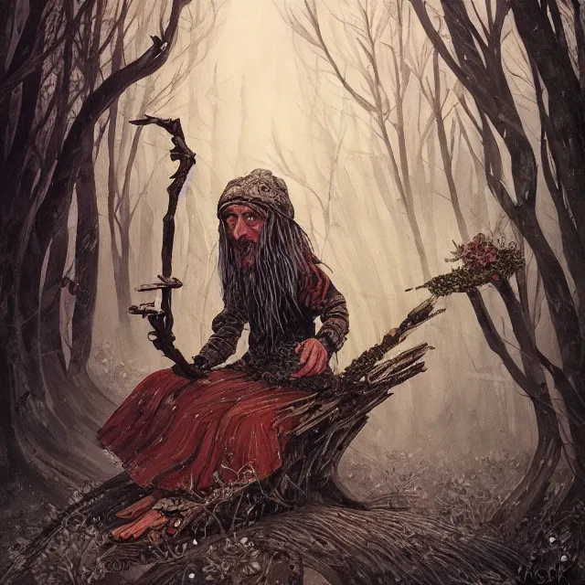 Image similar to баба яга, baba yaga, slavic folk fairytale, story, fable, dramatic, fantasy art, an ultrafine detailed painting, colorized, elegant, sharp focus, artstation, by pavel korin, viktor vasnetsov