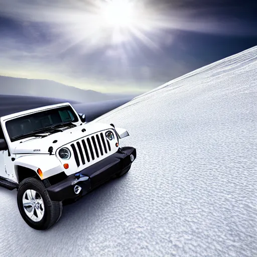 Image similar to white jeep wrangler driving up a steep snowy mountain cornice, high quality digital art, dramatic lighting, cinematic, photo realism