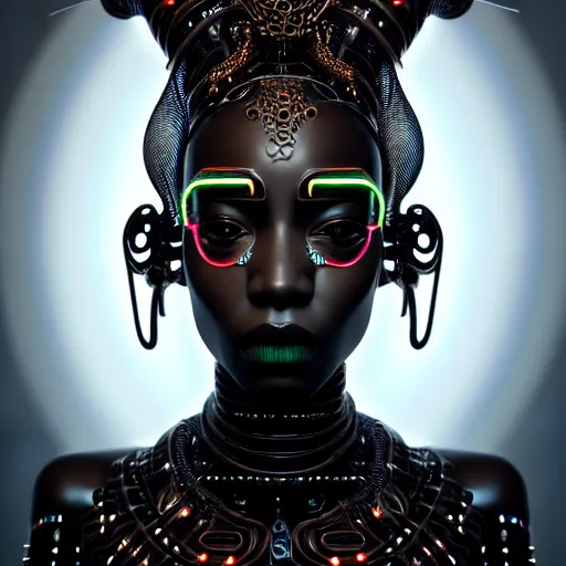 Prompt: portrait of an absurdly beautiful, graceful, sophisticated, fashionable black cyberpunk mechanoid gravure idol, hyperdetailed illustration by irakli nadar, maria borges, matt wisniewski style, intricate linework, dark black skin, neon jellyfish headdress, carved bone ruff, unreal engine 5 highly rendered, global illumination, radiant light, detailed and intricate environment