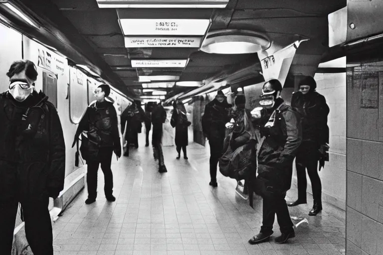 Prompt: divers in divings masks in subway, ominous lighting, richard avedon, tri - x pan