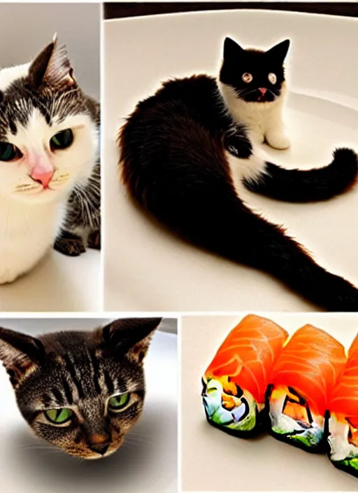 Image similar to clear photorealistic picture of adorable cats made out of sushi