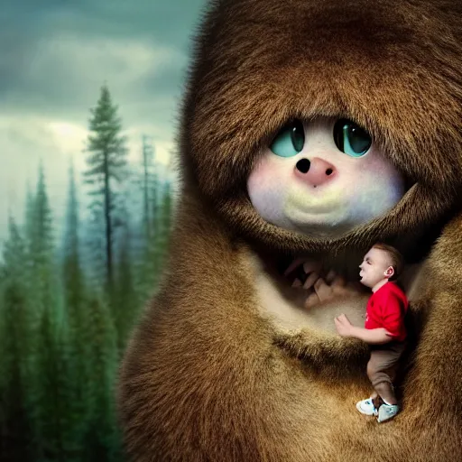 Image similar to young boy on a cute little monster with long fur on a cloud, portrait, pixar style, forest background, cinematic lighting, award winning creature portrait photography