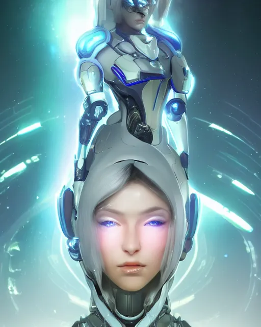 Image similar to perfect android girl on a mothership, warframe armor, beautiful face, scifi, futuristic, galaxy, nebula, raytracing, dreamy, long white hair, blue cyborg eyes, sharp focus, cinematic lighting, highly detailed, artstation, divine, by gauthier leblanc, kazuya takahashi, huifeng huang