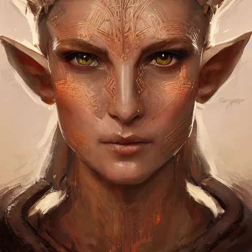 Image similar to A head-on, symmetrical detailed oil portrait of an elf woman with small horns of copper wearing a simple white robe, by greg rutkowski, trending on artstation, dungeon and dragons art