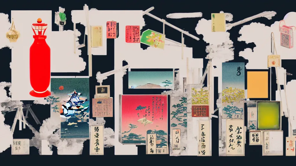 Image similar to a sparse arrangement of tourist souvenir trinkets of kyoto, japan, a collage painting, in the style of wes anderson, lola dupre, david hockney, isolated on negative white space background dark monochrome neon spraypaint accents volumetric octane render