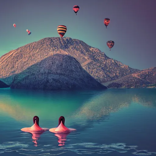 Image similar to photo of two black swans swimming in a beautiful reflective mountain lake, touching heads, forming a heart with their necks, a colorful hot air balloon is flying above the swans, hot air balloon, intricate, portrait, 8k highly professionally detailed, HDR, CGsociety, octane render, 4k