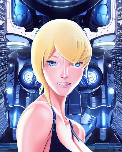 Image similar to portrait of a blonde woman with blue eyes as a robot, cybernetic enhancements, art by makoto shinkai and alan bean, yukito kishiro