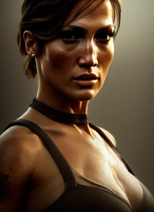 Image similar to attractive female portrait of jennifer lopez as tomb raider, rule of thirds, haze, intricate, symmetrical!!, depth of field, cinematic, filmic, vsco, concept art, artstation, digital painting, elegant, model, gorgeous, vouge, kodak, vray, cinema 4 d, octane render, ambient occlusion, lumen