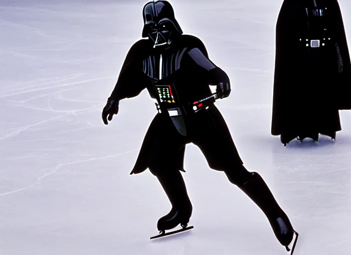 Prompt: film still of Darth Vader goes ice skating in the new Star Wars movie, 4k