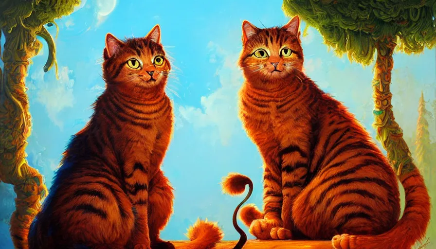 Prompt: highly detailed contemporary acrylic painting of really tall sitting cats by justin gerard, thick brush strokes and visible paint layers, vivid multicolor scheme