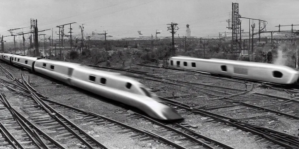 Prompt: wide angle view of streamline train speeding. futurism. industrial revolution and progress.