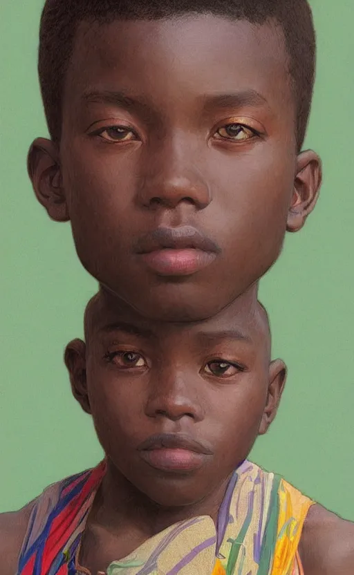Image similar to colourful upper half portrait of an african boy, art by hsiao - ron cheng & alphonse mucha, highly detailed, digital painting, concept art, illustration, smooth sharp focus, intricate, symmetry, black backdrop, artstation,
