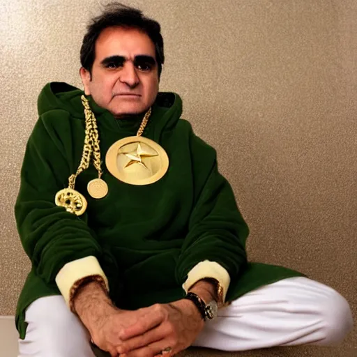 Prompt: jafar panahi, clean shaven, wearing a green tracksuit and gold necklace with large star shaped gold medallion