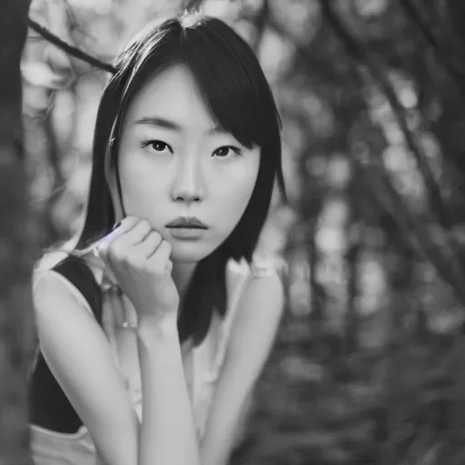 Image similar to black and white photo full shot of beautiful Japanese women with perfect eyes and simetrical face, standing in the forrest, shot by Akira Kurosawa perfect cinematic light, 8k, highl details, sharp focus