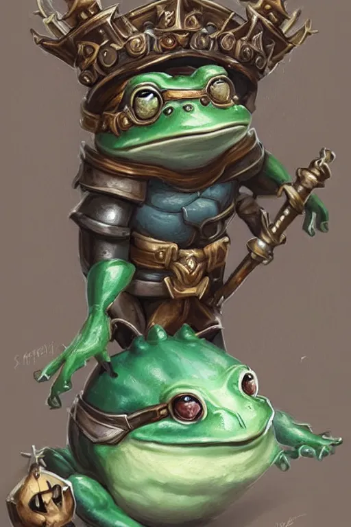 Prompt: cute anthropomorphic frog knight wearing a cape and a crown, tiny, small, miniature bear, baby animal, short, pale blue armor, cute and adorable, pretty, beautiful, DnD character art portrait, matte fantasy painting, DeviantArt Artstation, by Jason Felix by Steve Argyle by Tyler Jacobson by Peter Mohrbacher, cinematic lighting