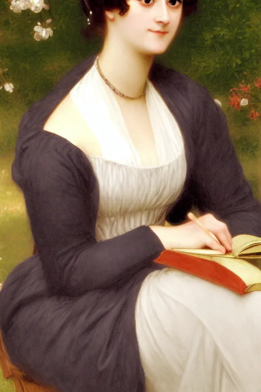 Image similar to jane austen with a book, painting by rossetti bouguereau, detailed art, artstation