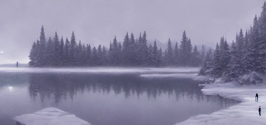 Image similar to lake in a totally white place with a moon in style of greg rutkowski, trending on artstation