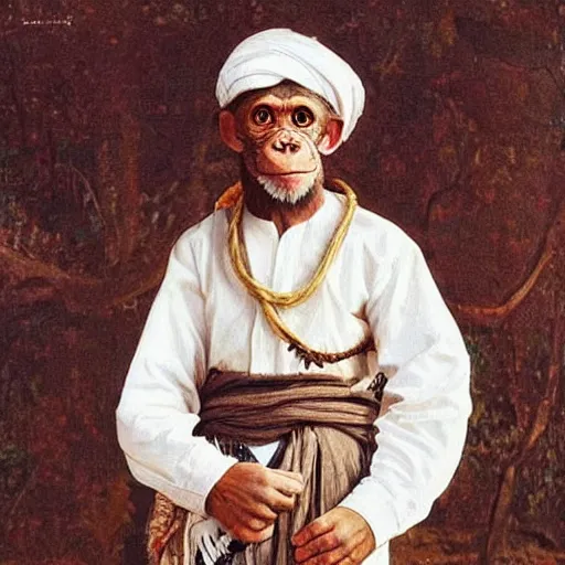 Image similar to beautiful painting by sophie anderson of a chimpanzee wearing traditional men kurdish clothes baggy pants and white shirt with a large sash tied around the waist in a kurdish village, award winning art, insanely detailed, bright colors, global illumination, cute, young, stunning