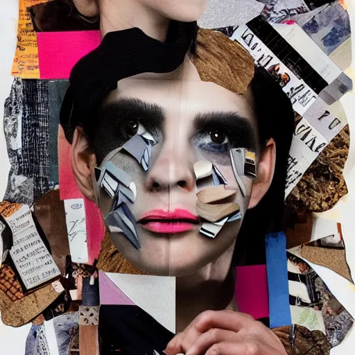 Image similar to a chaotic collage made out of fragments of printed images taken from the internet, fashion magazines, and family photographs all coming together to form hybrid face contour with twisted features in the Dadaesque style, mixed media