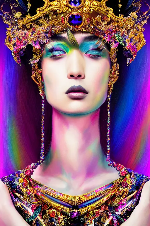 Image similar to a singular beautiful empress dramatic portrait, black hair, with a brilliant, impossible striking shiny big multi colored crystal headpiece, symmetrical, reflective surface, rainbow crystal clothes, rococo, baroque, jewels, asian, realistic, dramatic studio lighting, closeup, D&D, fantasy, intricate, elegant, highly detailed, digital painting, artstation, octane render, 8k, concept art, matte, sharp focus, illustration, art by Artgerm and Greg Rutkowski and Alphonse Mucha