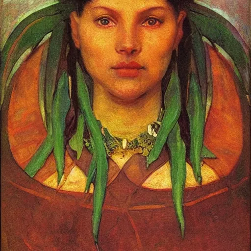 Image similar to the river crown, by Annie Swynnerton and Nicholas Roerich and Diego Rivera, green skin, elaborate costume, geometric ornament, rich color, dramatic cinematic lighting, smooth, sharp focus, extremely detailed