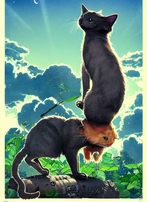 Image similar to a hyper realistic ink cat and the meaning of life and sunbeams blue sky, lush forest poster art by chiara bautista and kim jung giu and norman rockwell and greg rutkowski weta studio, and lucasfilm
