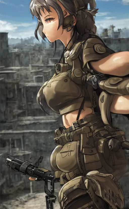 Prompt: portrait of a female soldier, highly detailed, high resolution, city ruins in the background, anime videogame style, stunning, girls frontline style, bokeh soft, 3d rendering, guilty gear strive graphics, 100mm, trending on instagram, by professional 3d artist, realistic human anatomy, realistic military carrier, modern warfare, realistic weapon, shot with a arriflex 35 ii, low saturation, small eyes