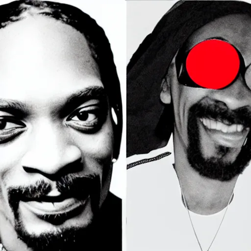 Image similar to Snoop Dog with big eyes eye color red , smiling and holding a joint in his hand