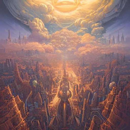 Prompt: A highly symmetrical and deeply coherent painting of an enigmatic city in the clouds, by Justin Gerard and Peter Mohrbacher and Laurie Greasley, award winning, volumetrics, light rays, 50mm lens, 15mm lens, 100mm lens, studio lighting, 8K