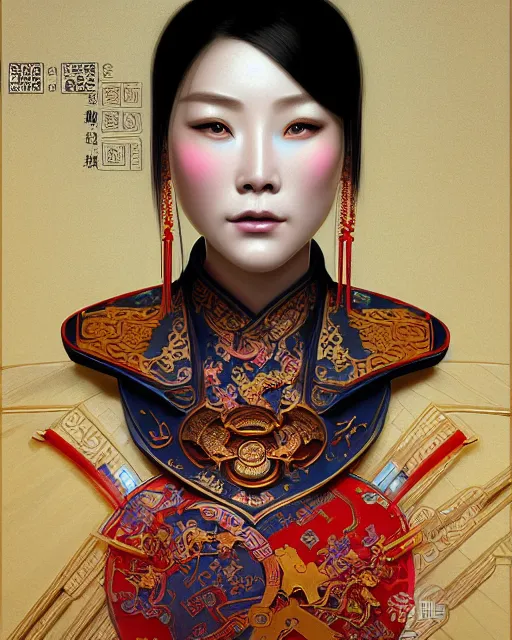 Image similar to portrait of a chinese cyberpunk machine, machine face, robed, upper half portrait, decorated with chinese opera motifs, regal, asian, fine china, wuxia, traditional chinese art intricate intense elegant 京 剧 highly detailed digital painting artstation concept art smooth sharp focus illustration, art by artgerm and greg rutkowski alphonse mucha 8 k