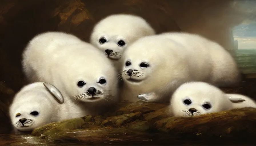 Image similar to highly detailed painting of cute furry white baby seals on an out of control cad by william turner, by greg rutkowski, by william constable, thick brush strokes and visible paint layers, 4 k resolution