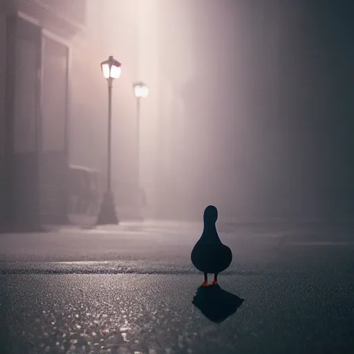 Prompt: a lonely duck under a street light, fog, still from a movie by bong joon - ho