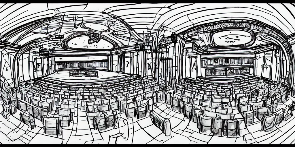 Image similar to a dimly lit, theater hall, 3 doors, 1 staircase, day of the tentacle style, drawn by Peter Chan, fish eye