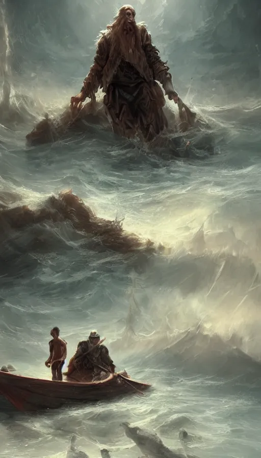 Image similar to man on boat crossing a body of water in hell with creatures in the water, sea of souls, by artstation